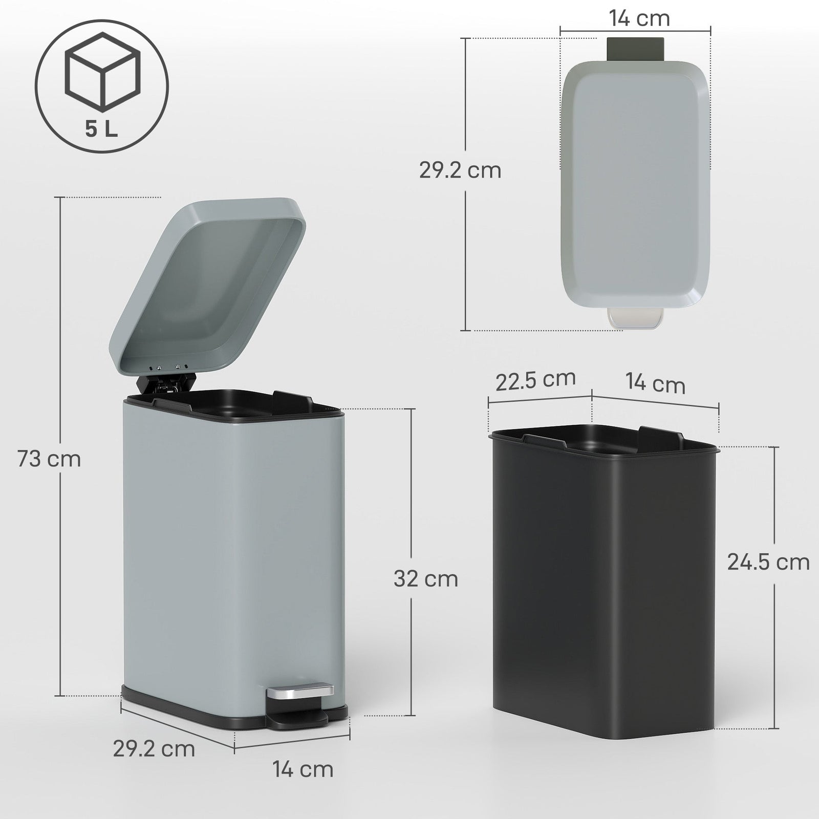 HOMCOM 5L Rectangular Compact Bin Steel Body Removable Bucket Quiet-Close Lid w/ Pedal Lid Rubbish Trash Can Home Office Bedroom Bathroom Living Room Garbage Tidy Clean Grey