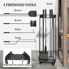Outsunny 5 Pieces Fireplace Companion Set, Metal Fireplace Accessories Fireside Companion Set with Brush, Shovel, Poker, A Pair of Tongs, Stand, Black