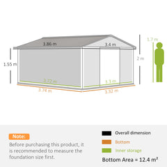Outsunny 13 x 11ft Metal Garden Shed, Waterproof Outdoor Bike Storage Shed Galvanised with Vents, Foundation Kit, Apex Roof and Lockable Double Doors for Patio Lawn, Light Brown
