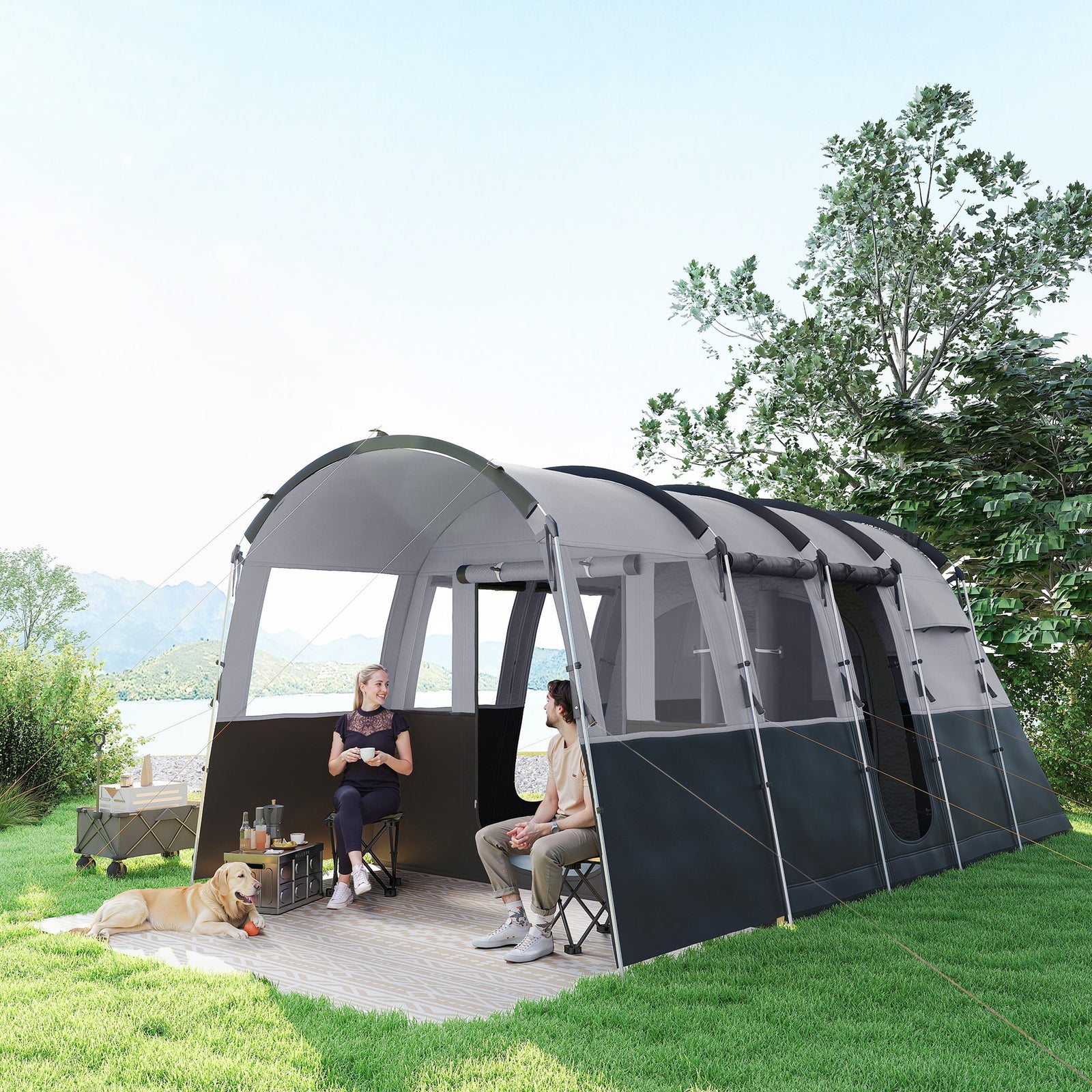Outsunny 4 Person Camping Tent, Waterproof Family Tent, Tunnel Design, 4 Large Windows, Sleeping Cabins 3000mm Water Column Grey