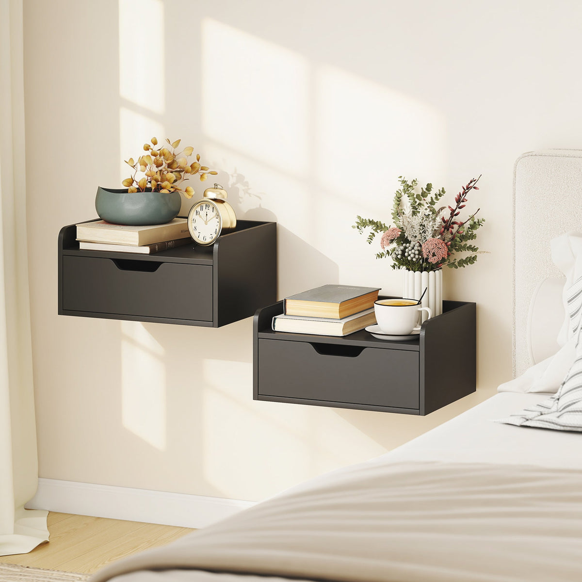 HOMCOM Floating Nightstands Set of 2, Wall Mounted Bedside Table with Drawer for Bedroom, Black