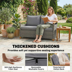 Outsunny 2 Seater Rattan Garden Sofa, Outdoor Sofa with Thickened Cushions and Acacia Wood Armrests, Dark Grey