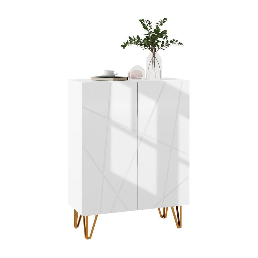 HOMCOM Narrow Shoe Storage Cabinet in white with gold hairpin legs and geometric door patterns