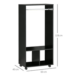 HOMCOM Open Wardrobe on Wheels, Bedroom Wardrobe with Clothes Hanging Rail, 2 Storage Shelves, Mobile Garment Rack for Cloakroom, Hallway, Black