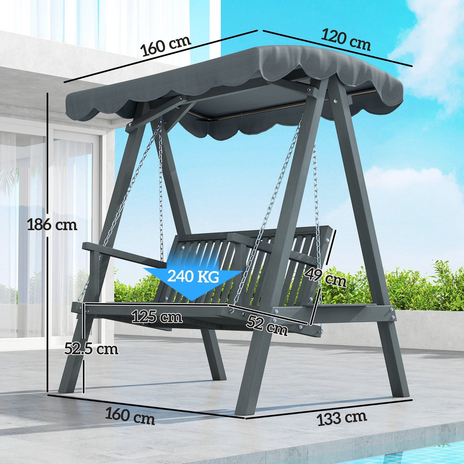 Outsunny 2 Seater Garden Swing Seat with Canopy, Wooden Swing Chair, Outdoor Hammock Bench for Balcony Patio Porch, Grey