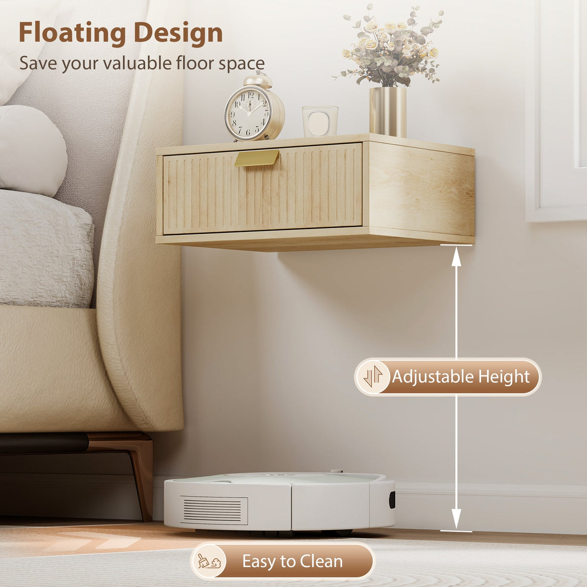 HOMCOM Modern Floating Nightstands Set of 2, Wall Mounted Bedside Tables with Wave Drawer Oak