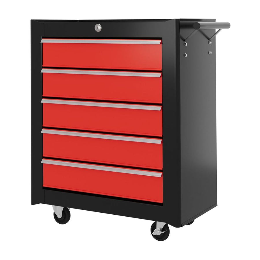 HOMCOM 5-Drawer Tool Chest with Wheels, Steel Lockable Tool Storage Cabinet with Handle, 2 Keys for Garage, Workshop, Red