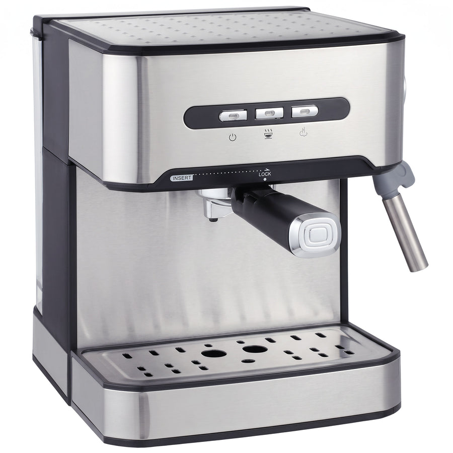 HOMCOM Espresso Machine, a black and silver semi-automatic coffee maker with a frother wand
