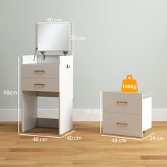 HOMCOM 3 in 1 Dressing Table with Flip-top Mirror and Rolling Stool, Modern Vanity Desk with Visible Glass Tabletop, Drawers and Side Hook, Makeup Table with Cushioned Storage Stool for Bedroom, White