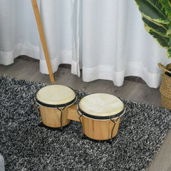 HOMCOM Wooden Bongo Drum Set a7.75" & a7" w/ Drum Head, Percussion Instrument, Drums, Tuning Wrench For Adults Beginners