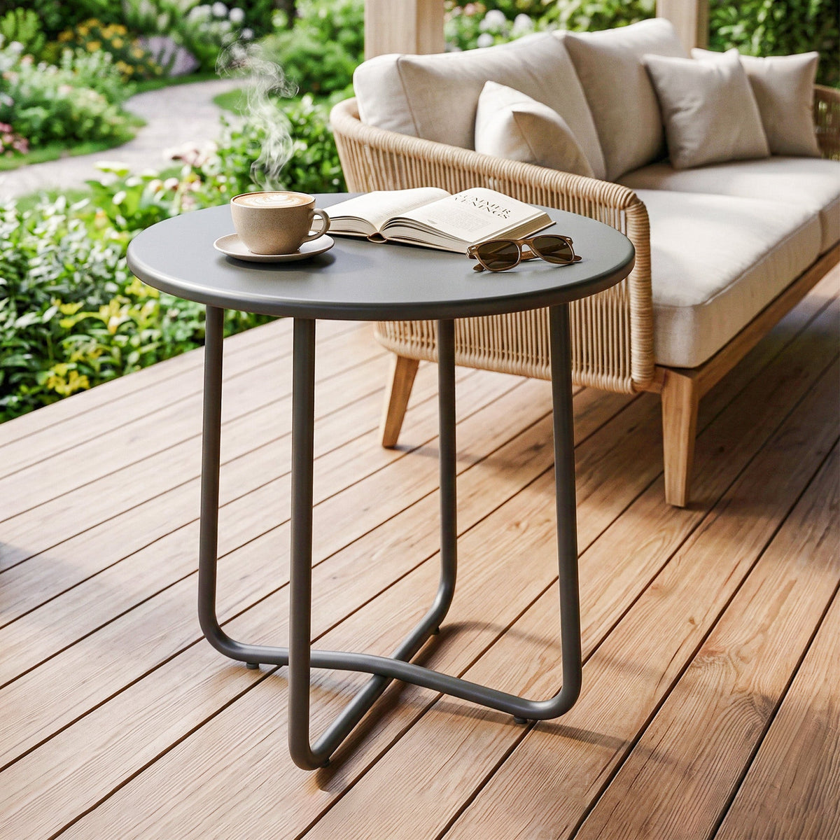 Outsunny 48 cm Round Garden Side Table, Small Metal Outdoor Garden Table with Rolled Edge, Dark Grey