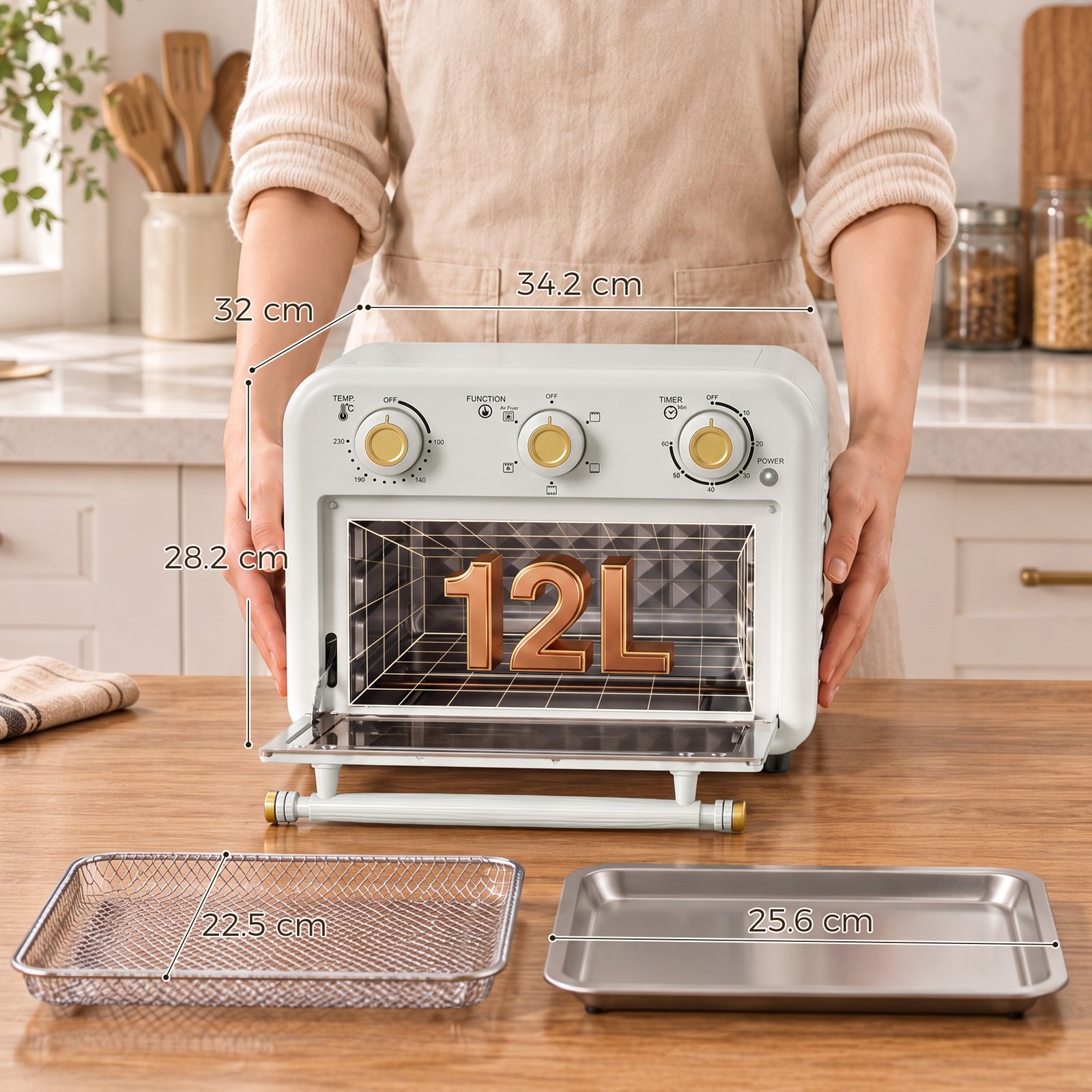 HOMCOM Air Fryer Toaster Oven, Convection Countertop Oven, with Adjustable Temperature and Timer, 12 L, Cream White