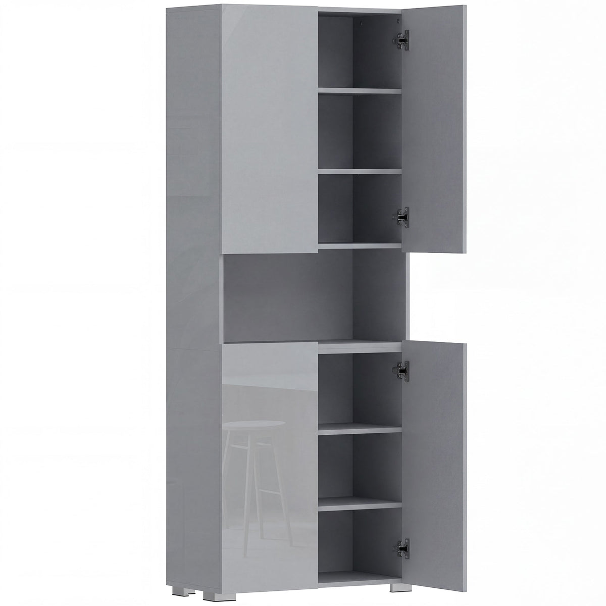 HOMCOM 180 cm Tall Kitchen Cupboard, Pantry Storage Cabinet with Soft Close Doors and Adjustable Shelves, High Gloss Grey