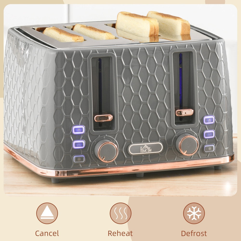 Close up of the grey four-slice toaster controls with cancel, reheat and defrost functions illuminated
