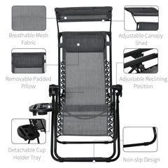 Outsunny Foldable Reclining Garden Chair with Headrest, Zero Gravity Deck Sun Lounger Seat Chair with Footrest, Armrest, Cup Holder & Canopy Shade, Light Grey