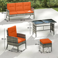 Outsunny 6 Pieces Rattan Garden Furniture Set with Dining Table and Cushions, Orange