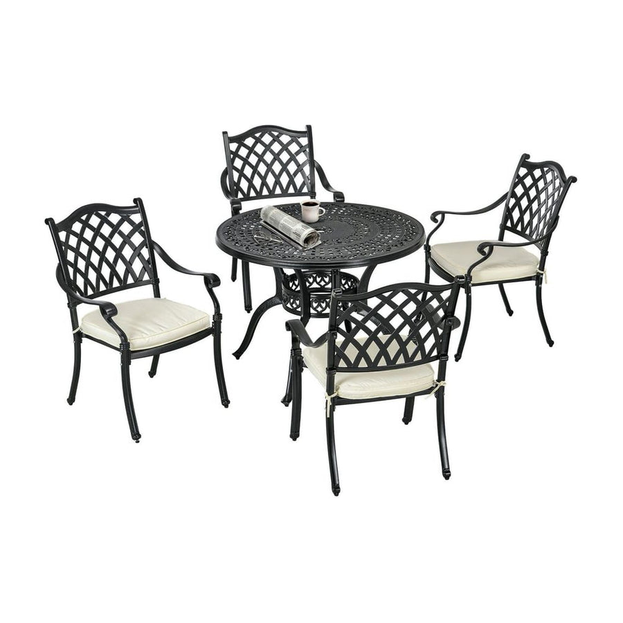 Outsunny Cast Aluminium 4 Seater Outdoor Dining Set with Cushions Parasol Hole Black