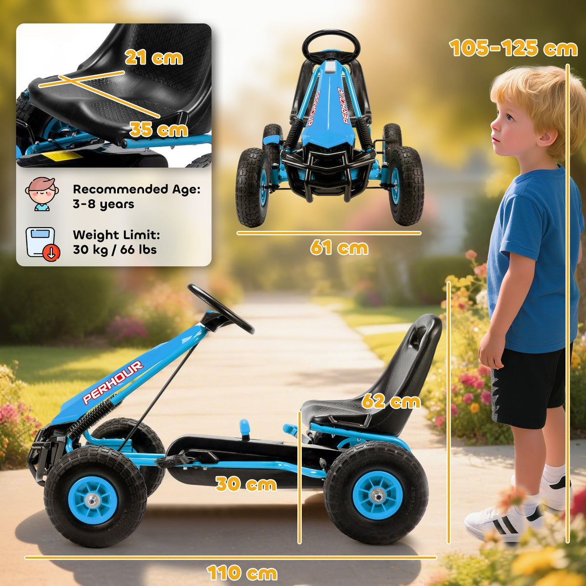 AIYAPLAY Kids Pedal Go Kart with Adjustable Seat, EVA Tyres, Manual Clutch, Brake, Go Kart for Kids 3-8 Years, Blue