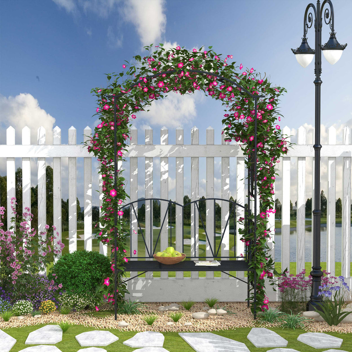 Outsunny Garden Bench, 2 Seater Outdoor Patio Bench, Metal Garden Loveseat with Arch for Vines and Climbing Plants, Black