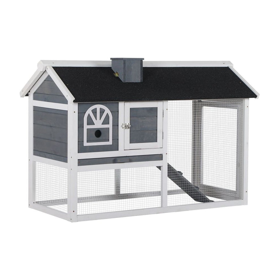 PawHut Wooden Rabbit Hutch and Run with Sliding Tray, Ramp, Water-resistant Roof, for 2-4 Rabbits, Grey