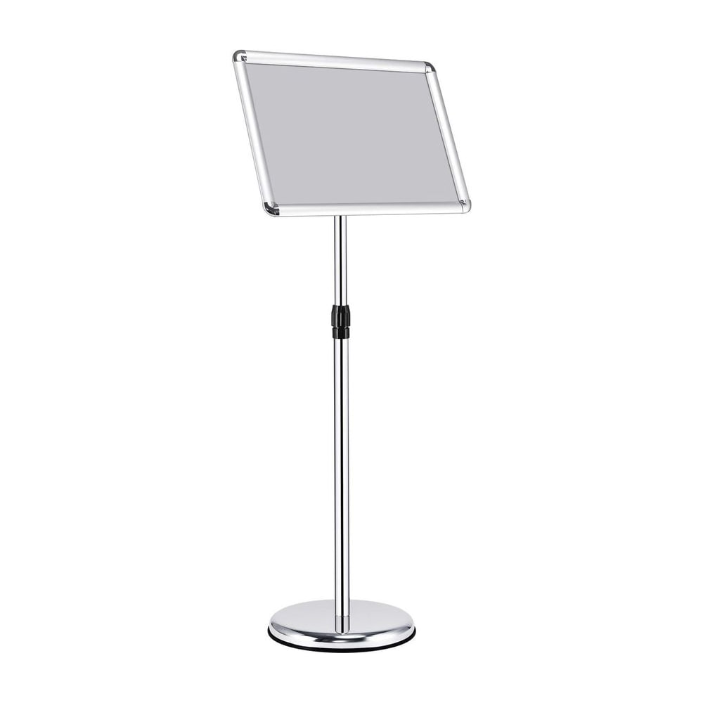 A3 Adjustable Poster Stand with a silver frame and a circular base on a white background