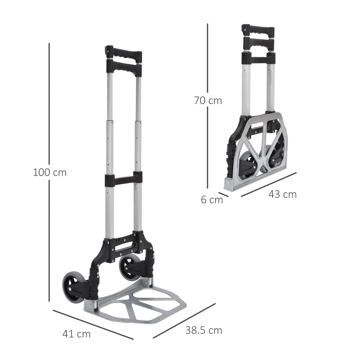 HOMCOM Aluminium Folding Hand Truck Trolley, Heavy Duty Foldable Sack Cart with Adjustable Telescoping Handle, 70KG Load Capacity