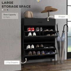 HOMCOM Three Drawer Slim Shoe Storage Cabinet, 12 Shoe Pairs - Black