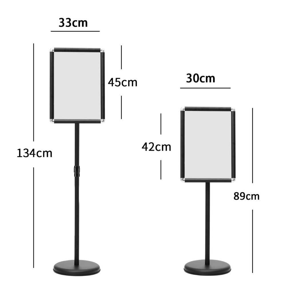 The presentation supplies stand shown at two different heights with dimensions