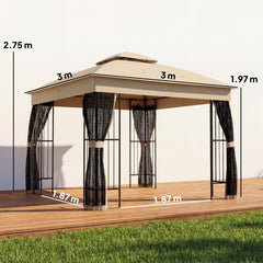 Outsunny 3 x 3 m Outdoor Garden Gazebo with Post Shelves, UPF50+ Double Roof Patio Permanent Pavilion, Brown