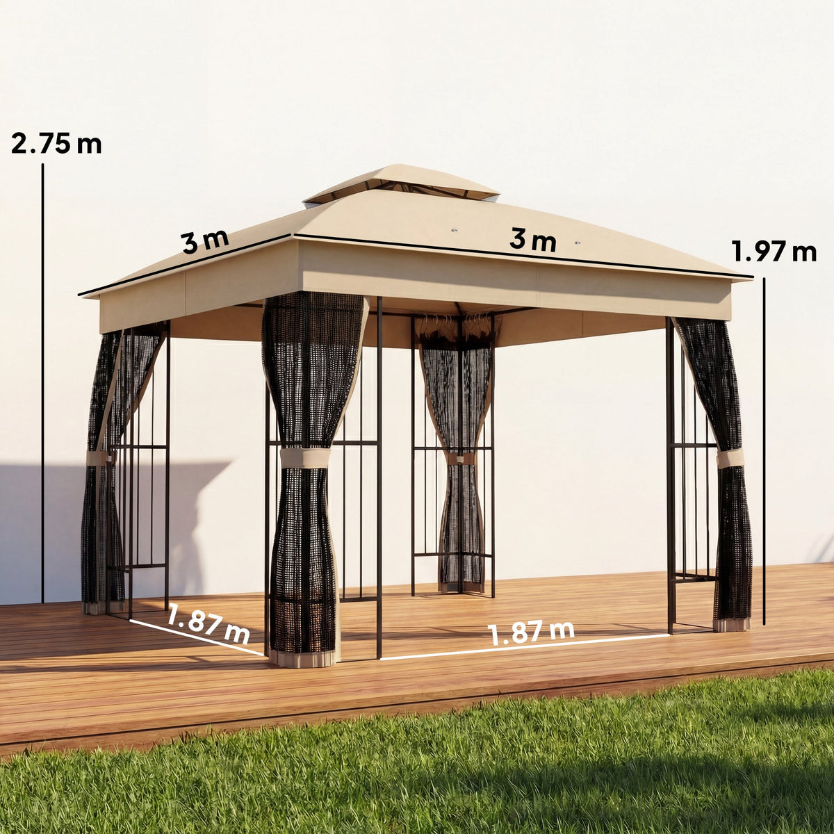 Outsunny 3 x 3 m Outdoor Garden Gazebo with Post Shelves, UPF50+ Double Roof Patio Permanent Pavilion, Brown