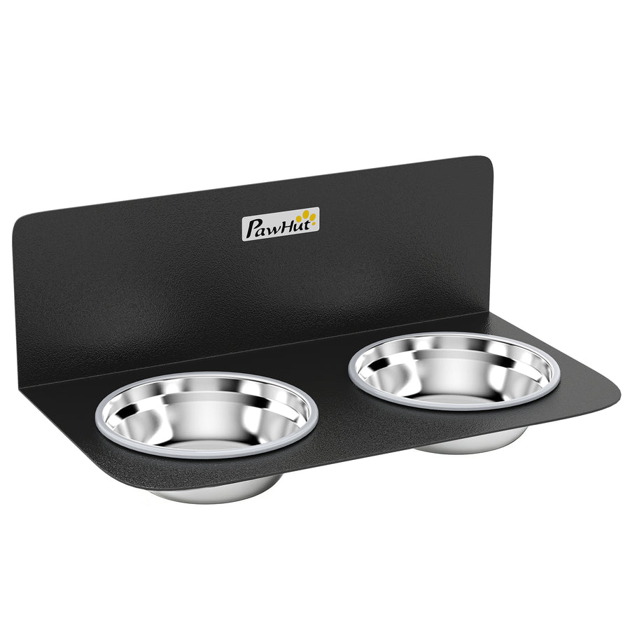 PawHut Wall Mount Dog Bowls, Adjustable Height Raised Dog Feeding Station with 2 Stainless Steel Bowls, 10kg Capacity, Black