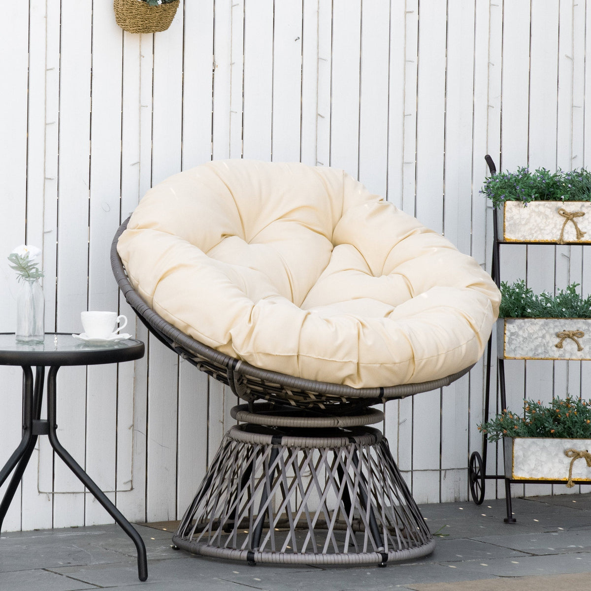 Outsunny 360 degrees Swivel Rattan Moon Bowl Chair Round Lounge Garden Wicker Basket Seat with Padded Cushion Oversized for Outdoor Indoor, Beige