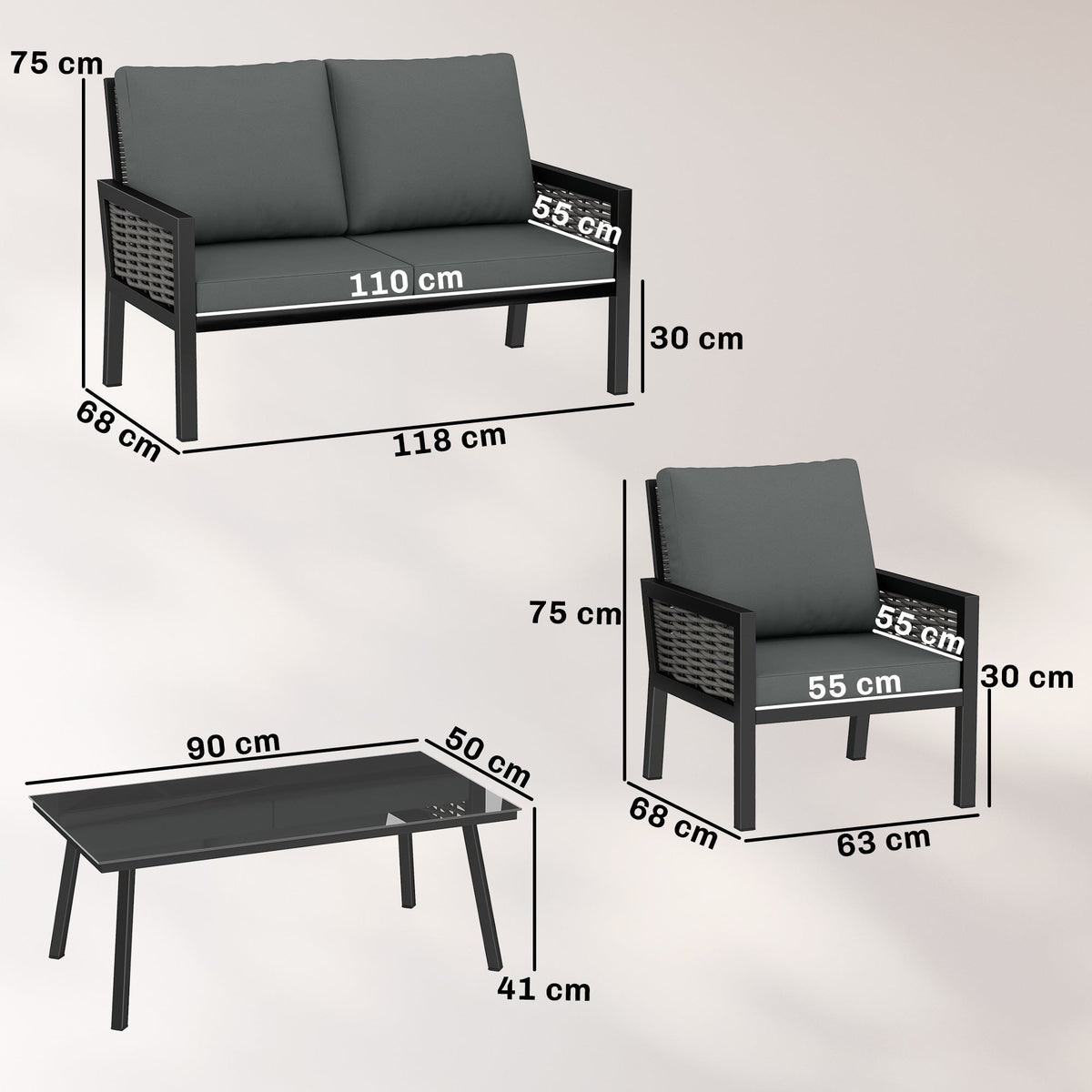Outsunny 4 Seater Rattan Garden Furniture Set with 2 Armchairs, Loveseat, Coffee Table, Garden Sofa Set with Cushions, Dark Grey