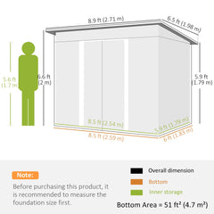 Outsunny 9ft x 6.5ft Garden Storage Shed with Top Window, Metal Outdoor Shed Tool House with Double Doors, Light Grey