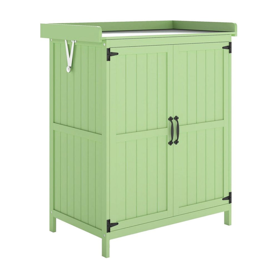 Outsunny Wooden Garden Shed, Garden Tool Storage Shed with Hinged Roof and Shelf, Outdoor Storage Cabinet with Double Doors