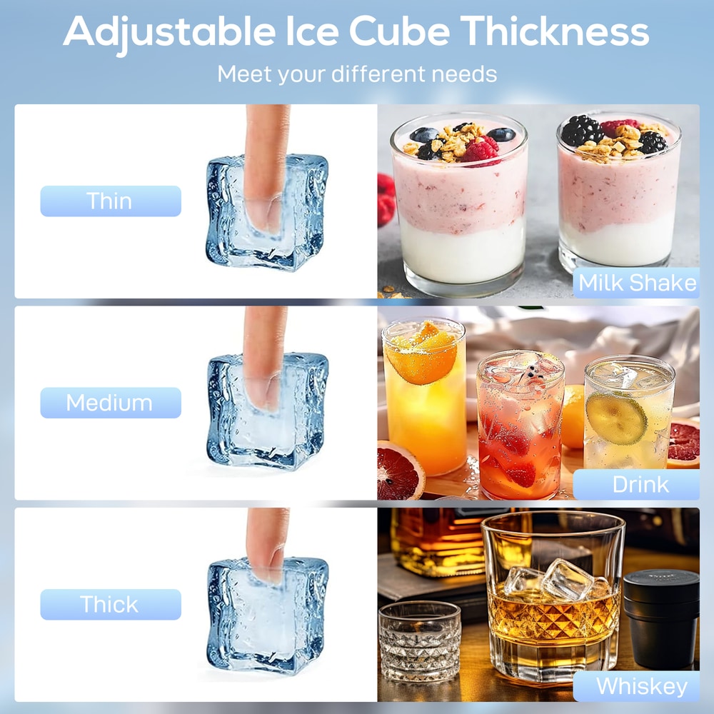 Ice maker machine showing thin, medium and thick ice cubes with drinks