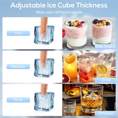 Ice maker machine showing thin, medium and thick ice cubes with drinks