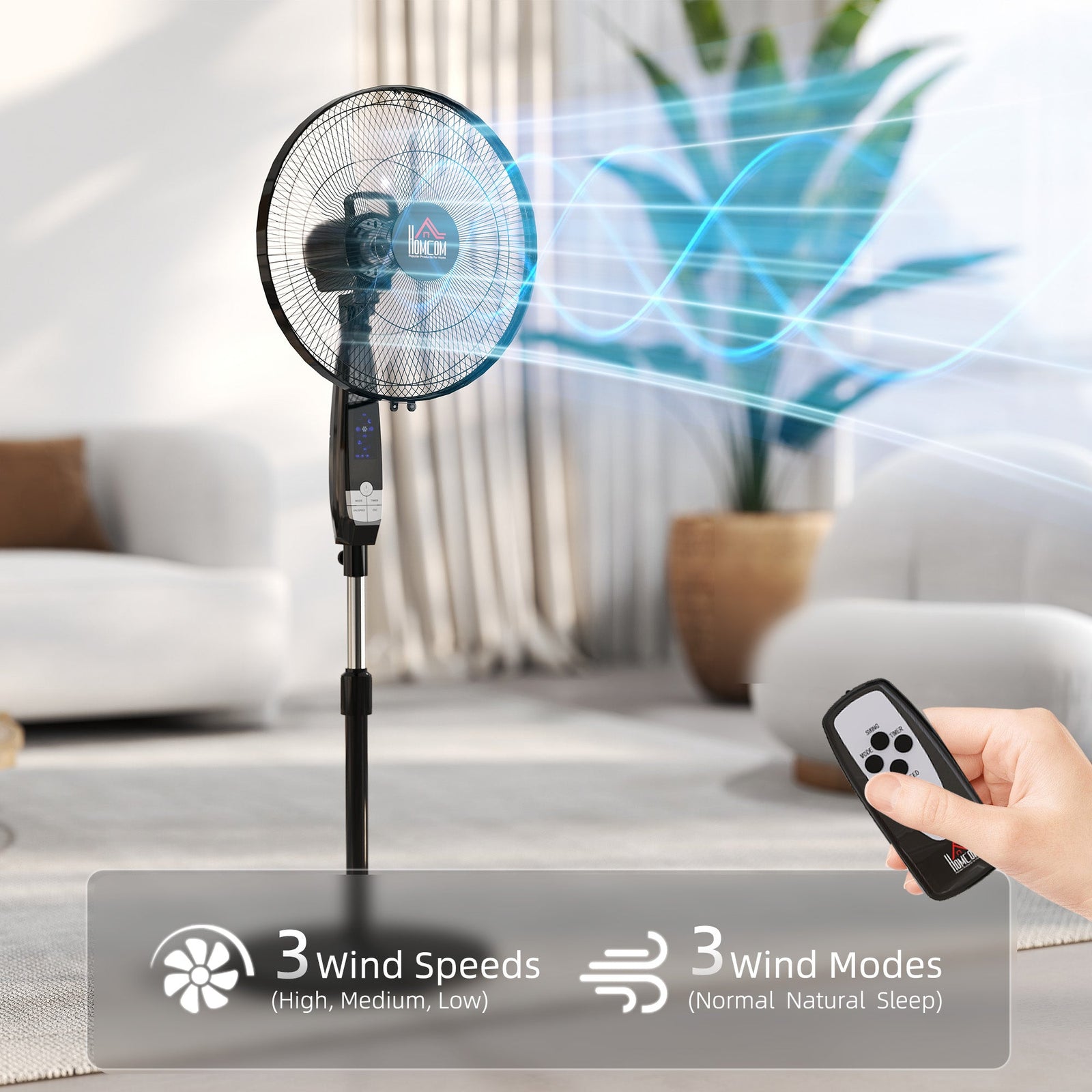 HOMCOM 40 cm Pedestal Standing Floor Fan, Oscillation Cooling Fan with Remote Control, Black