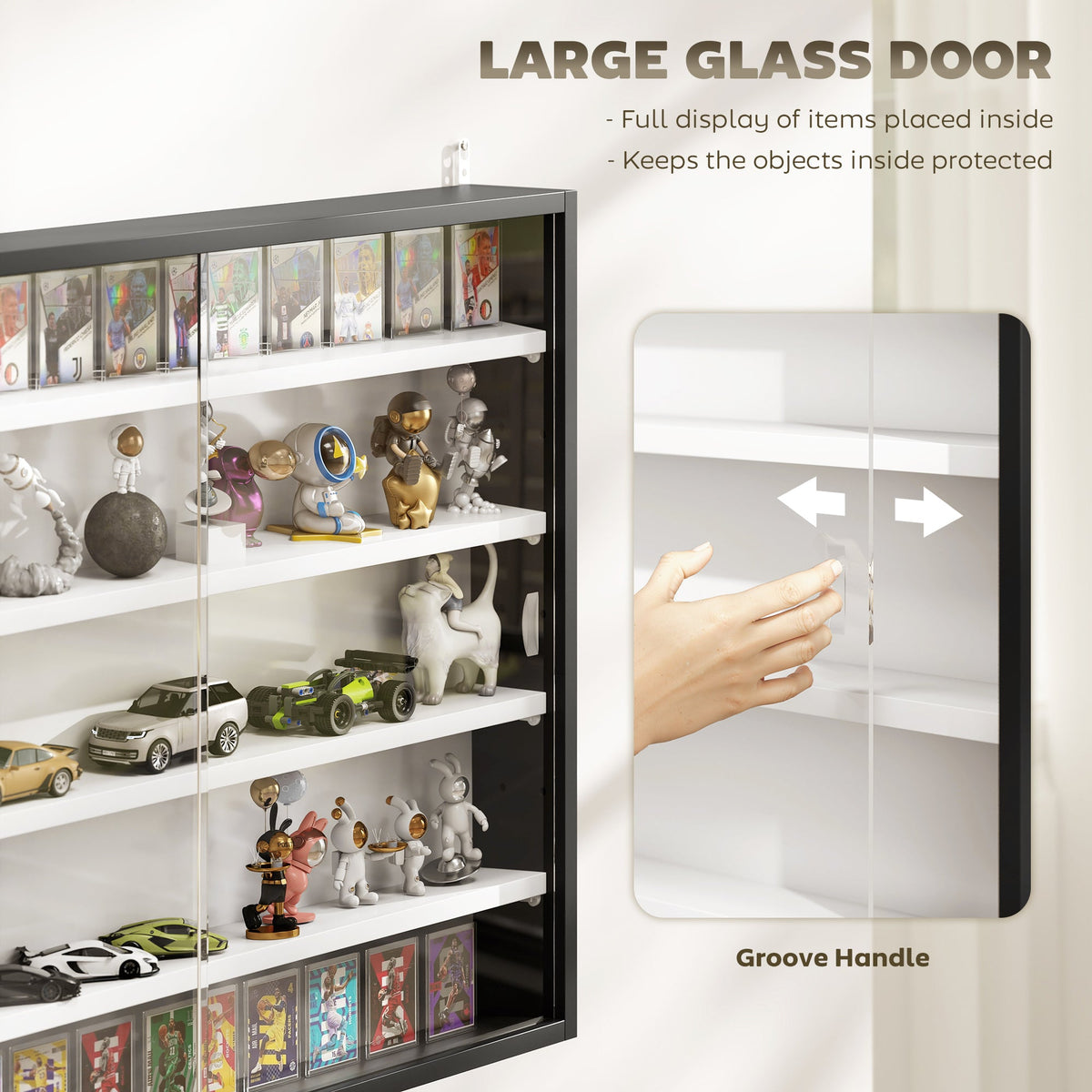 HOMCOM 5-Tier Wall Display Cabinet, Wall Mounted Display Case w/ 4 Adjustable Shelves, Glass Doors, 60x80cm, Black and White
