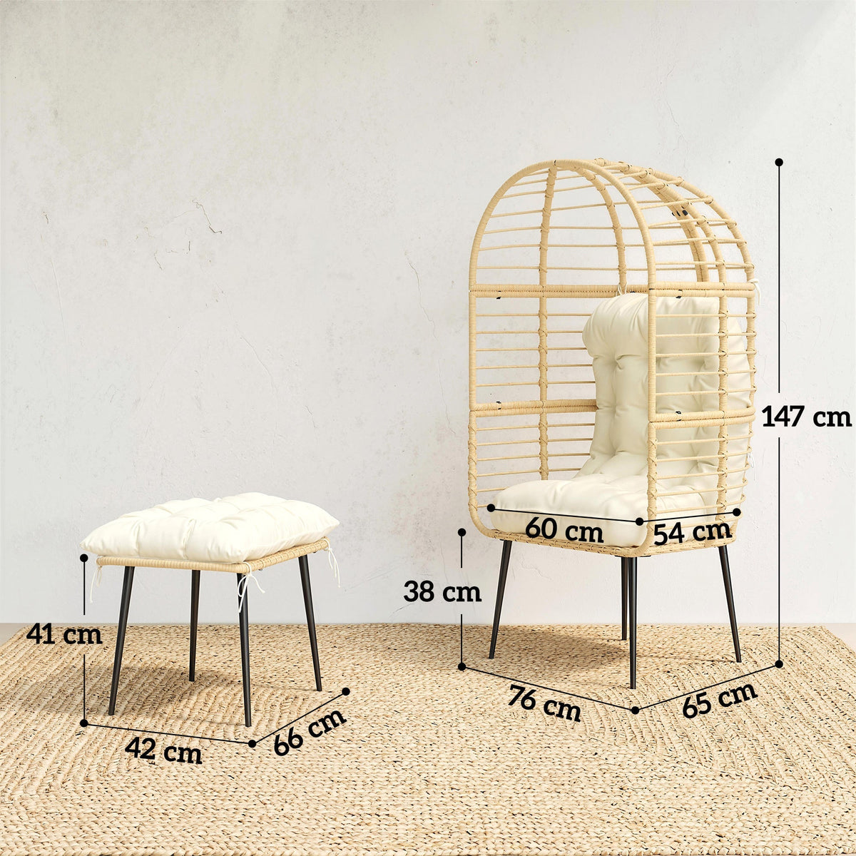 Outsunny Garden Egg Chair with Footstool, Rattan Indoor Outdoor Lounge Chair and Ottoman Set with Thick Cushions, Beige