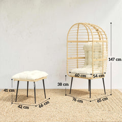 Outsunny Garden Egg Chair with Footstool, Rattan Indoor Outdoor Lounge Chair and Ottoman Set with Thick Cushions, Beige