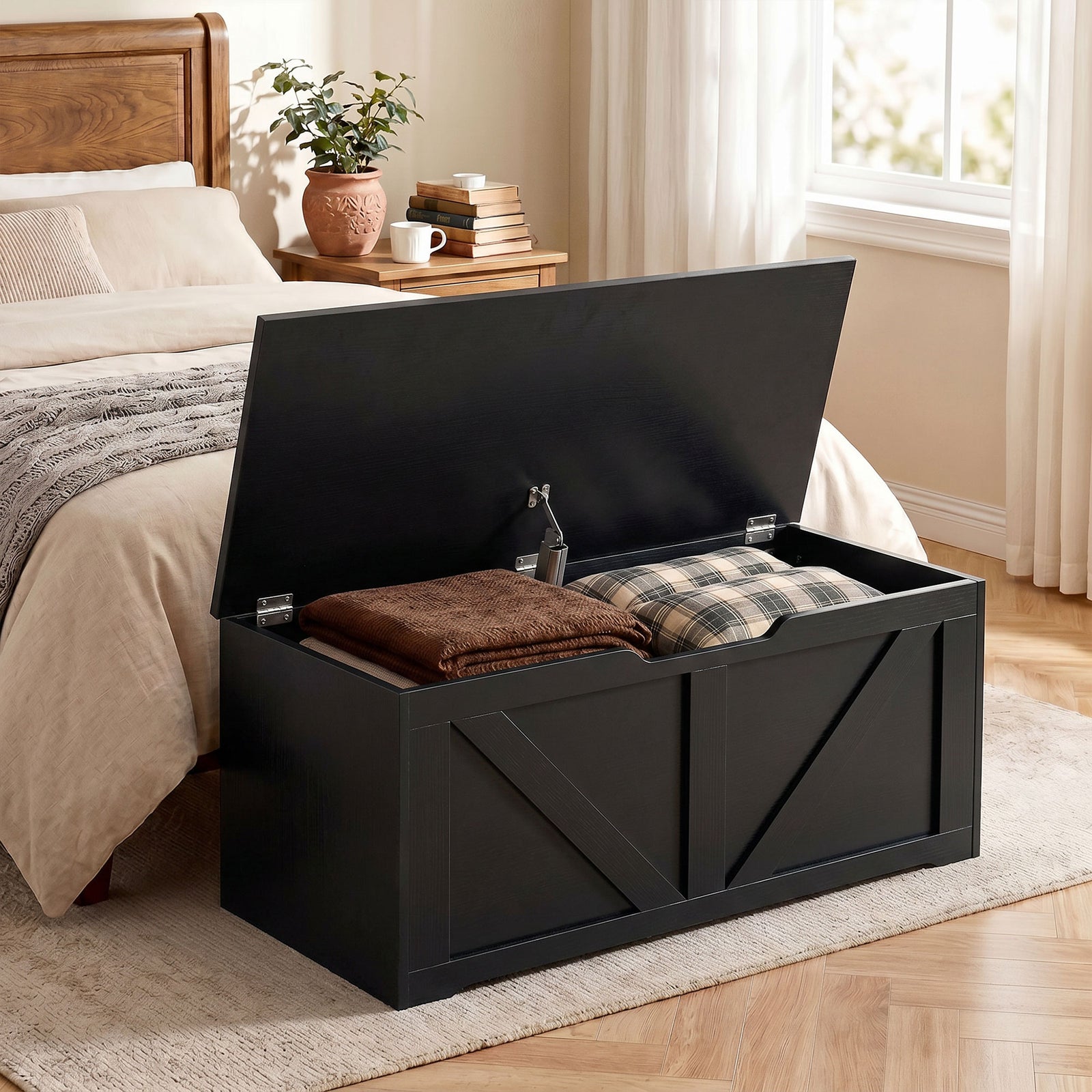 HOMCOM 100L Home Storage Box, with Safety Hinge - Black Wood-Effect