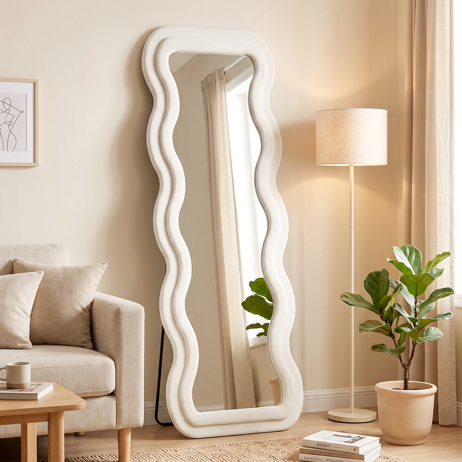 HOMCOM Full Length Mirror, 160 x 60 cm Wavy Full Body Wall Standing Mirror with Velvet Frame and Tempered Glass, Cream White