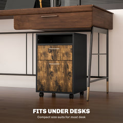 HOMCOM 60cm Filing Cabinet with Drawer, Open Shelf, Metal Handles and 4 Wheels, Office Home Organiser Mobile Printer, Rustic Brown