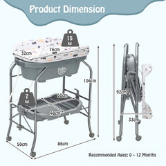 The changing table showing height and width measurements for both open and folded positions