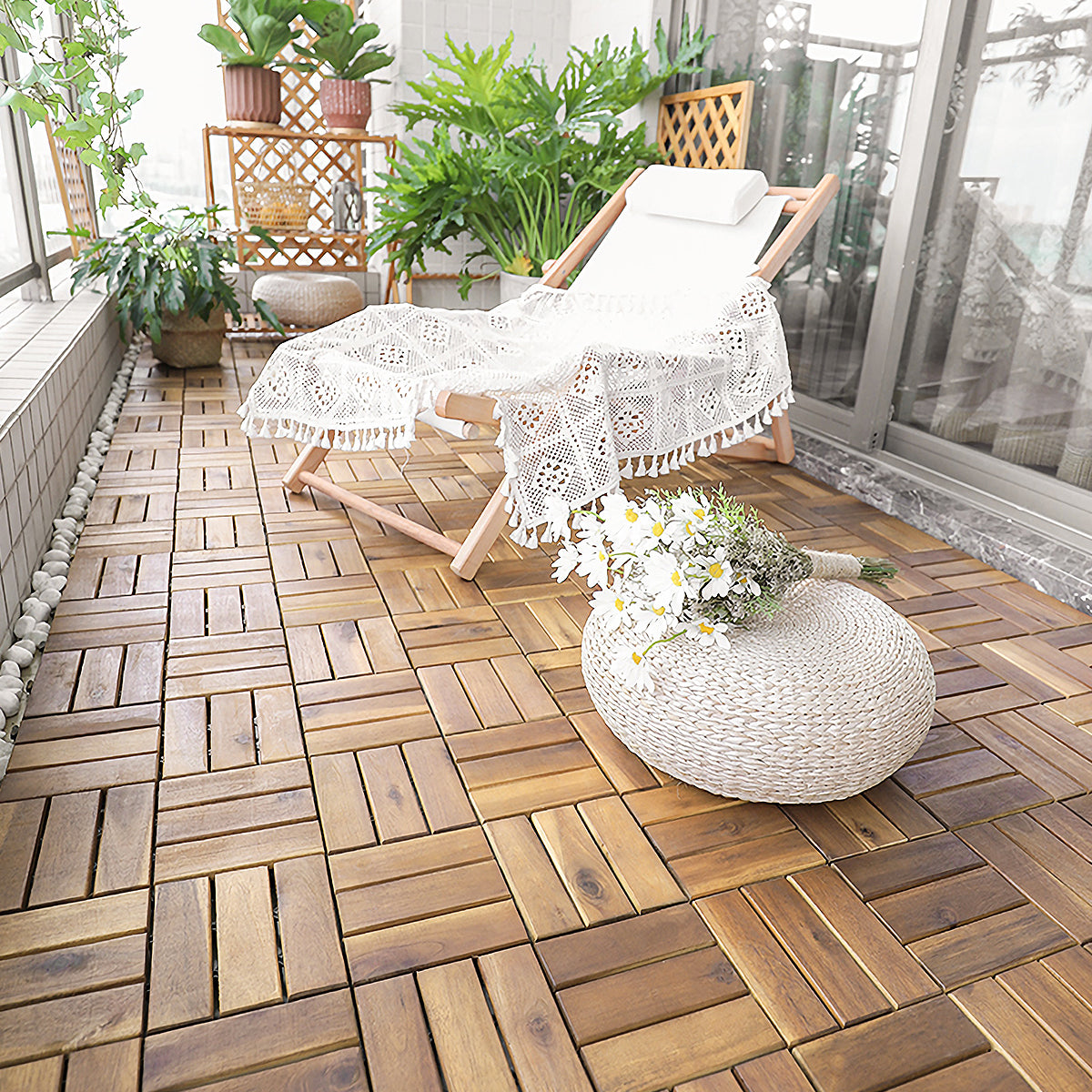 Acacia Wood Interlocking Floor Tiles for Terrace and Balcony