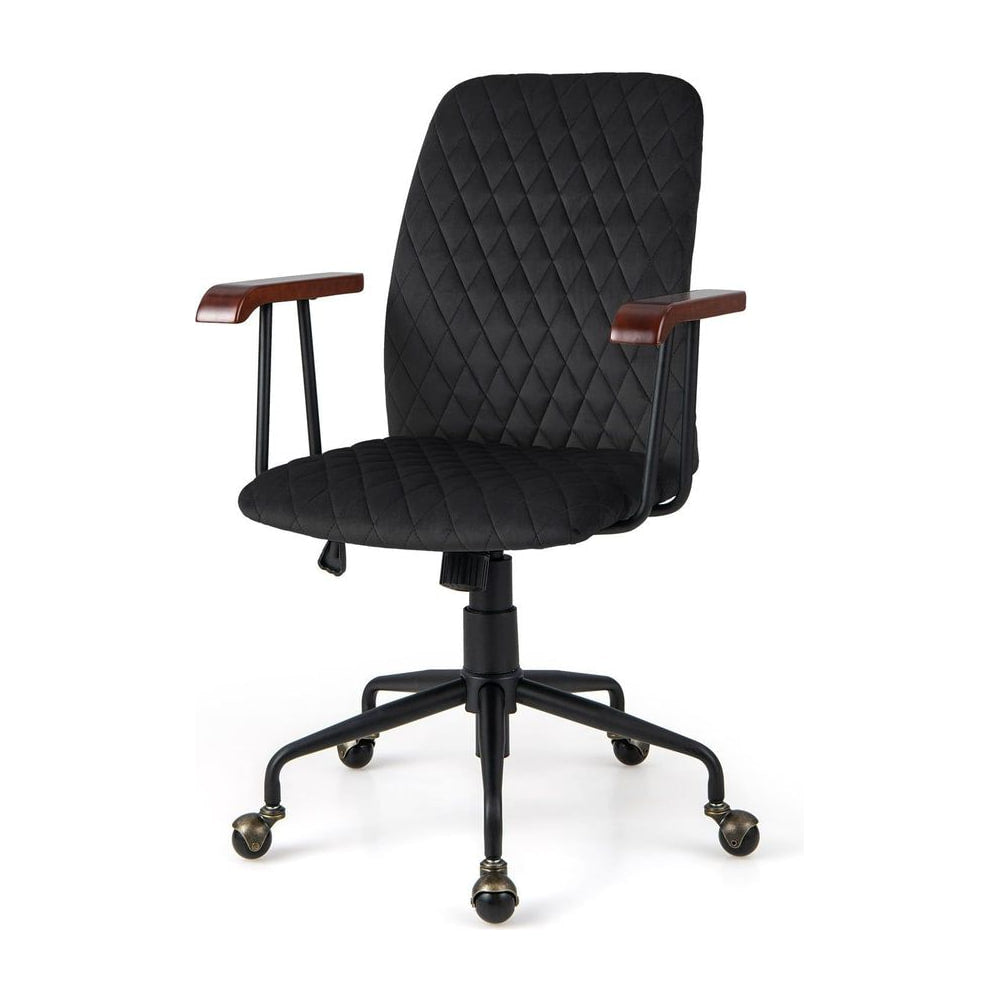 Adjustable Velvet Rocking Leisure Chair with Padded Seat in black with a quilted back and wooden arms