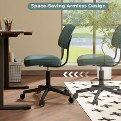 The green office chair shown in two positions to illustrate its space-saving design