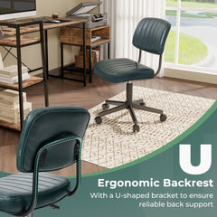 Close-up of the green office chair's backrest, highlighting its ergonomic U-shape