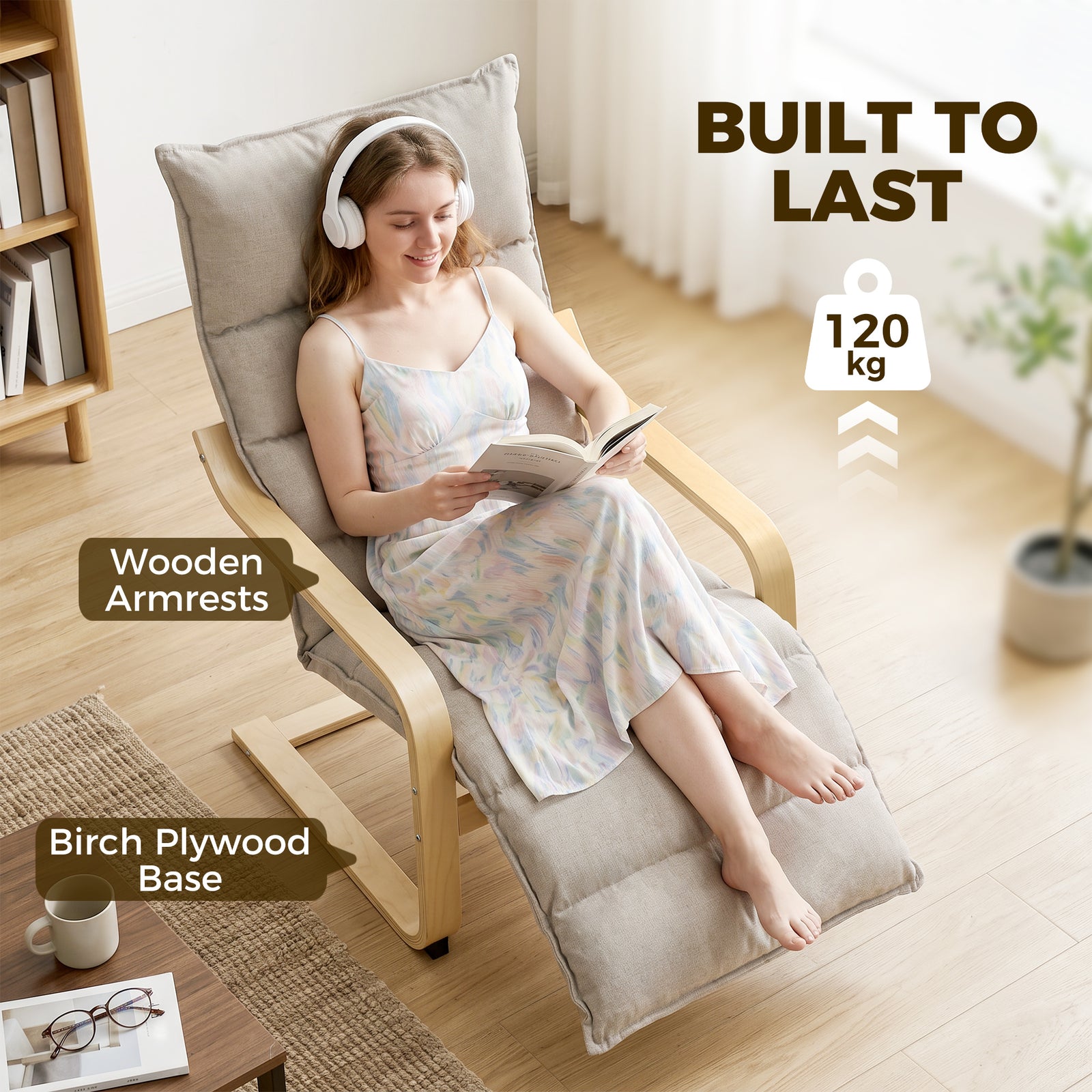 HOMCOM Curved Wooden Accent Chair, Armchair with Adjustable Footrest, Light Brown